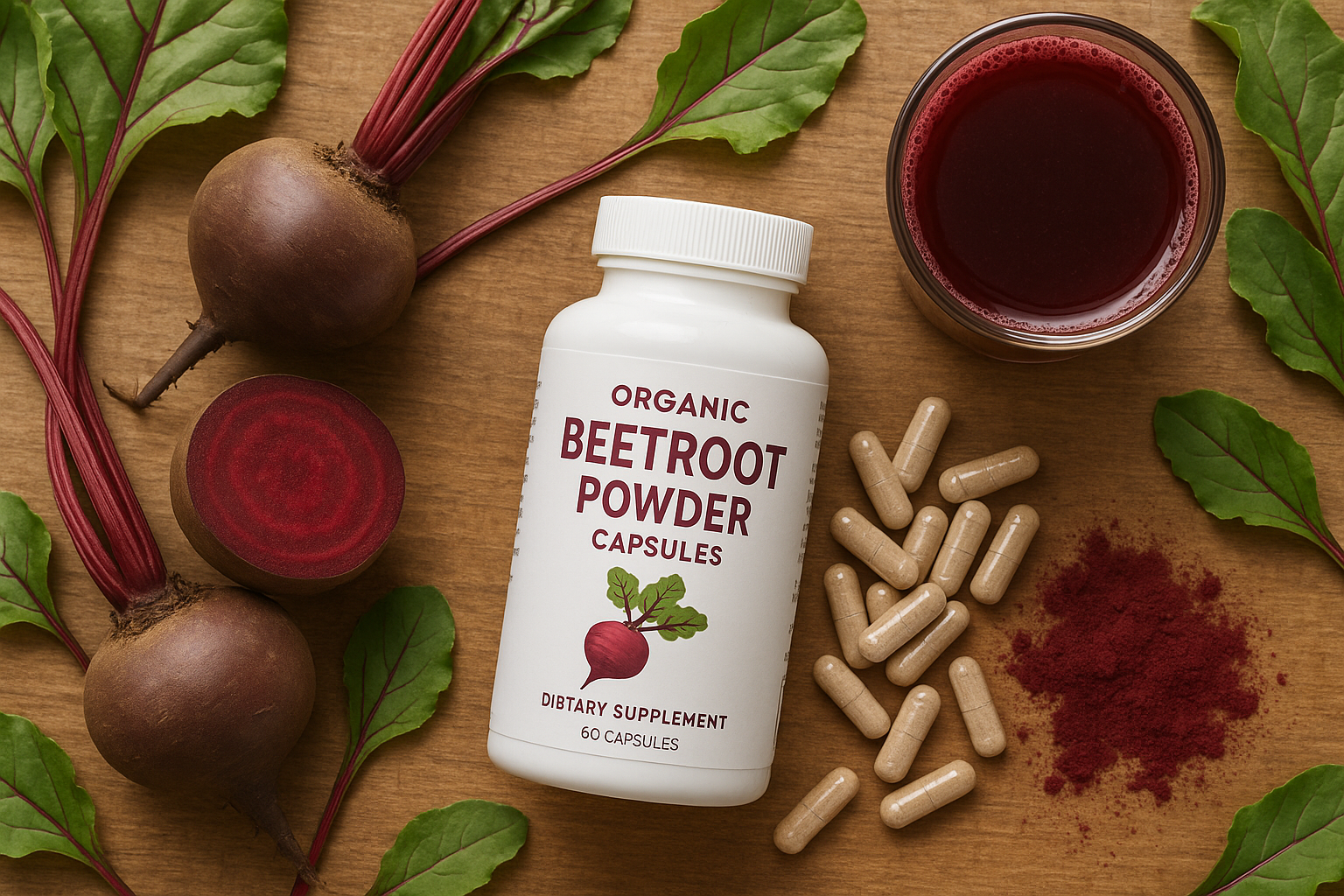 Lifestyle beetroot capsules flat lay