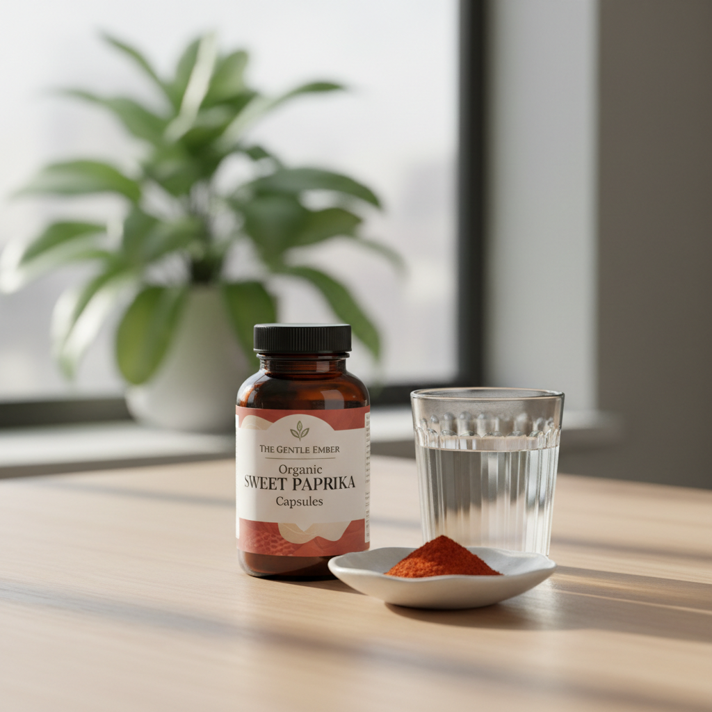 Bottle of Organic Sweet Paprika Capsules on a table with paprika powder and water.