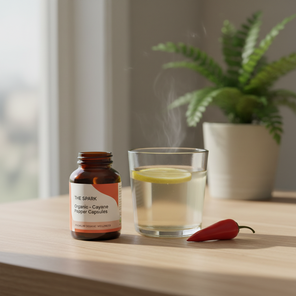 Jar of 'The Spark' organic cayenne pepper capsules on a table with a glass of water and lemon, a red pepper, and a plant in the background.