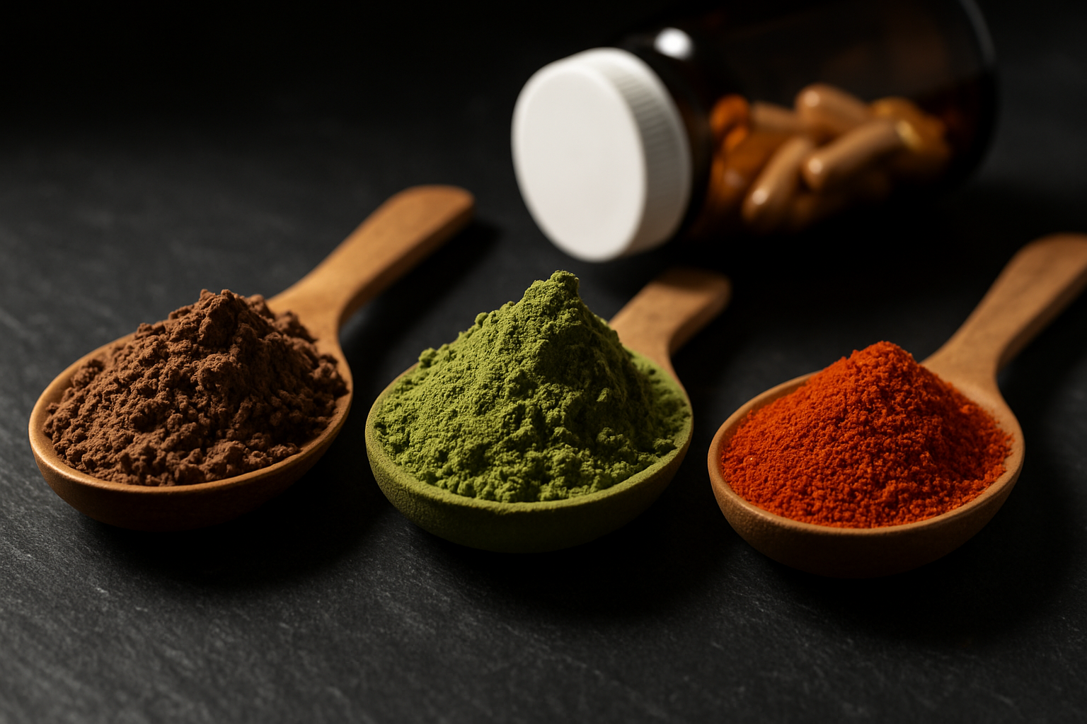 Organic Cacao Matcha Cayenne - Three Powders Close-up