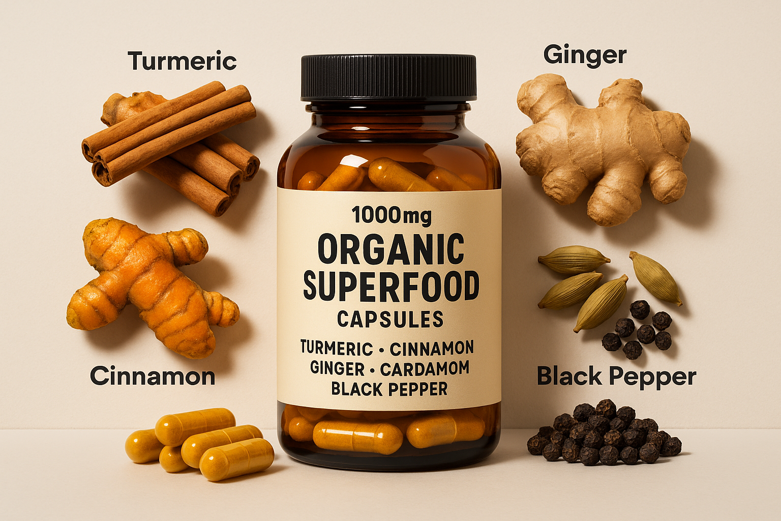 Organic Superfood Capsules turmeric cinnamon ginger cardamom and black pepper
