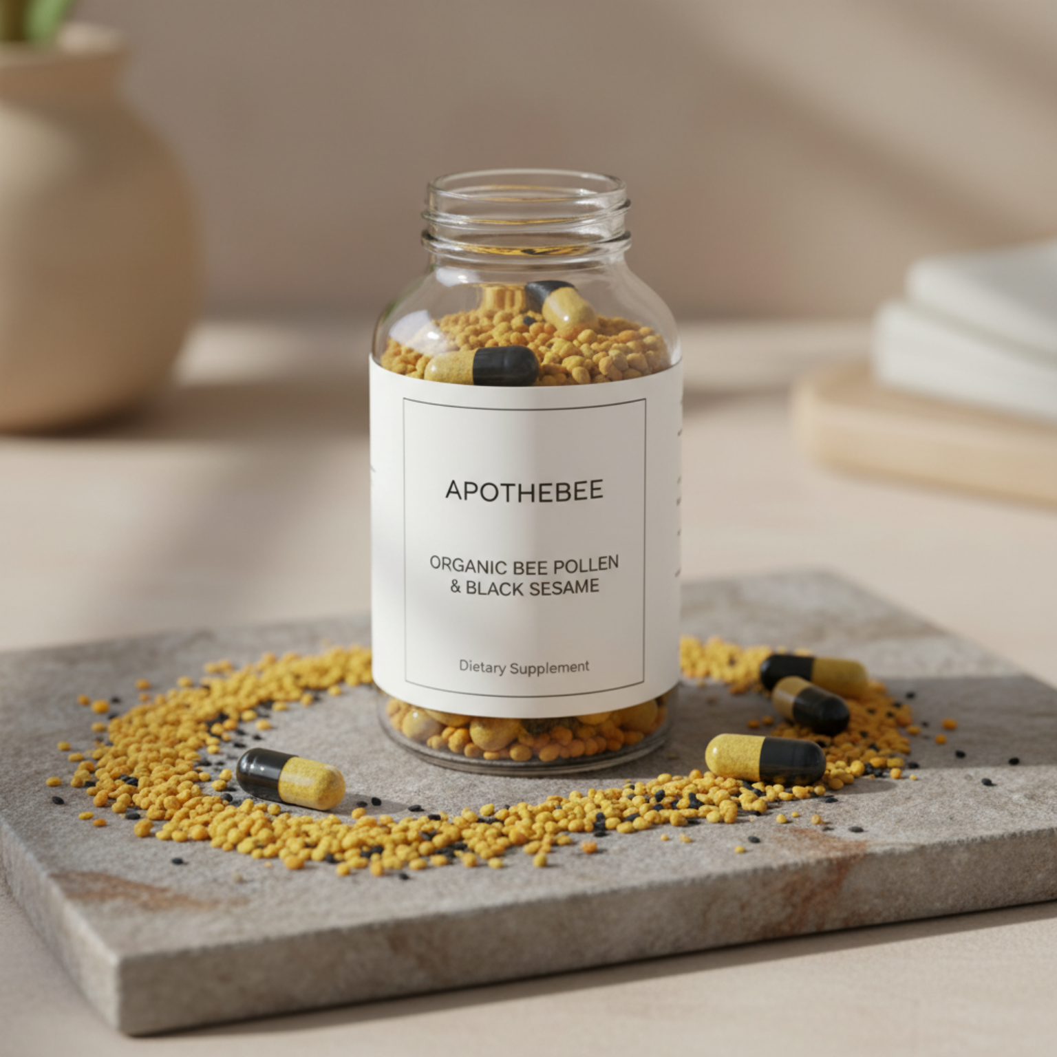 Premium bee pollen and black sesame capsules product shot