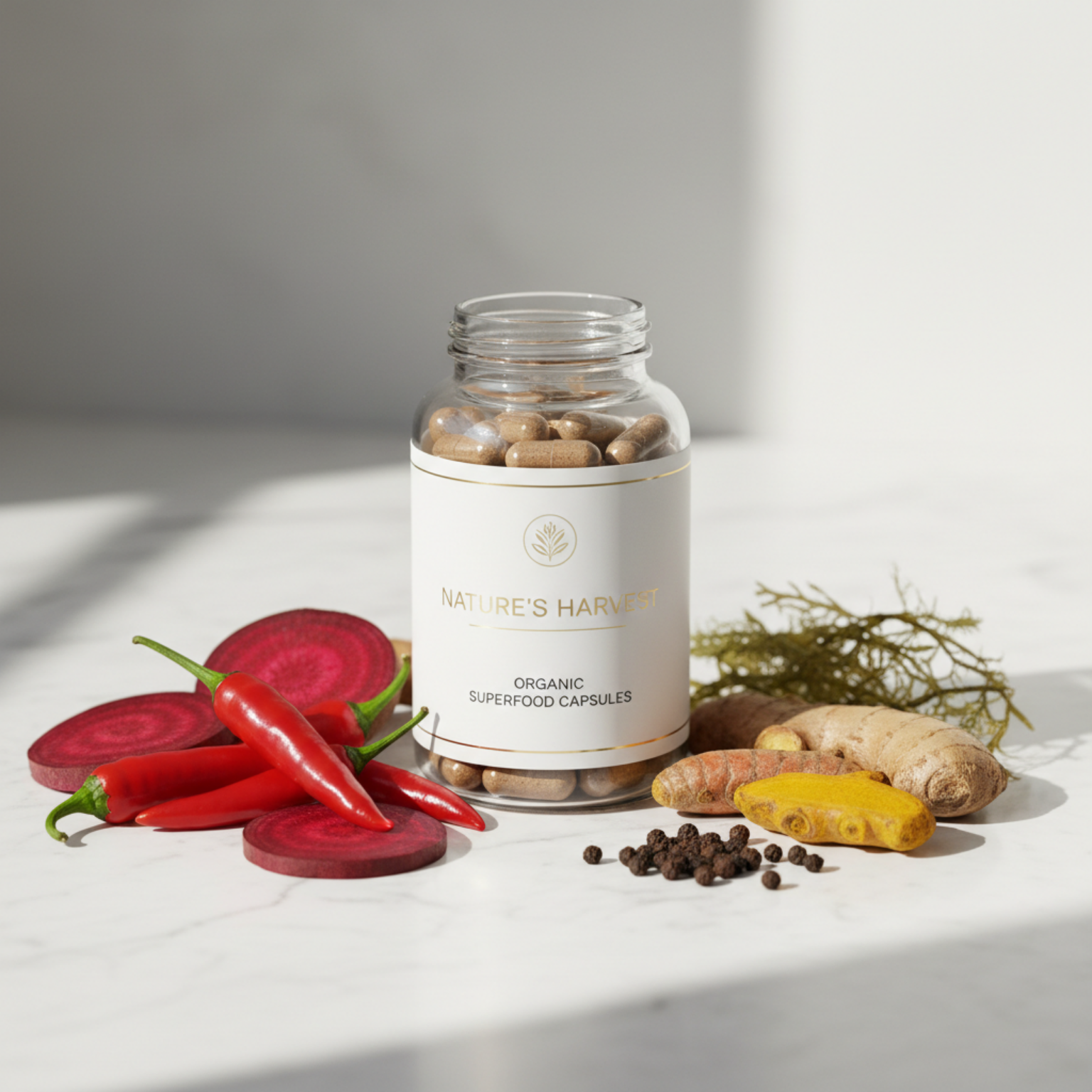 Premium capsules with fresh ingredients on marble