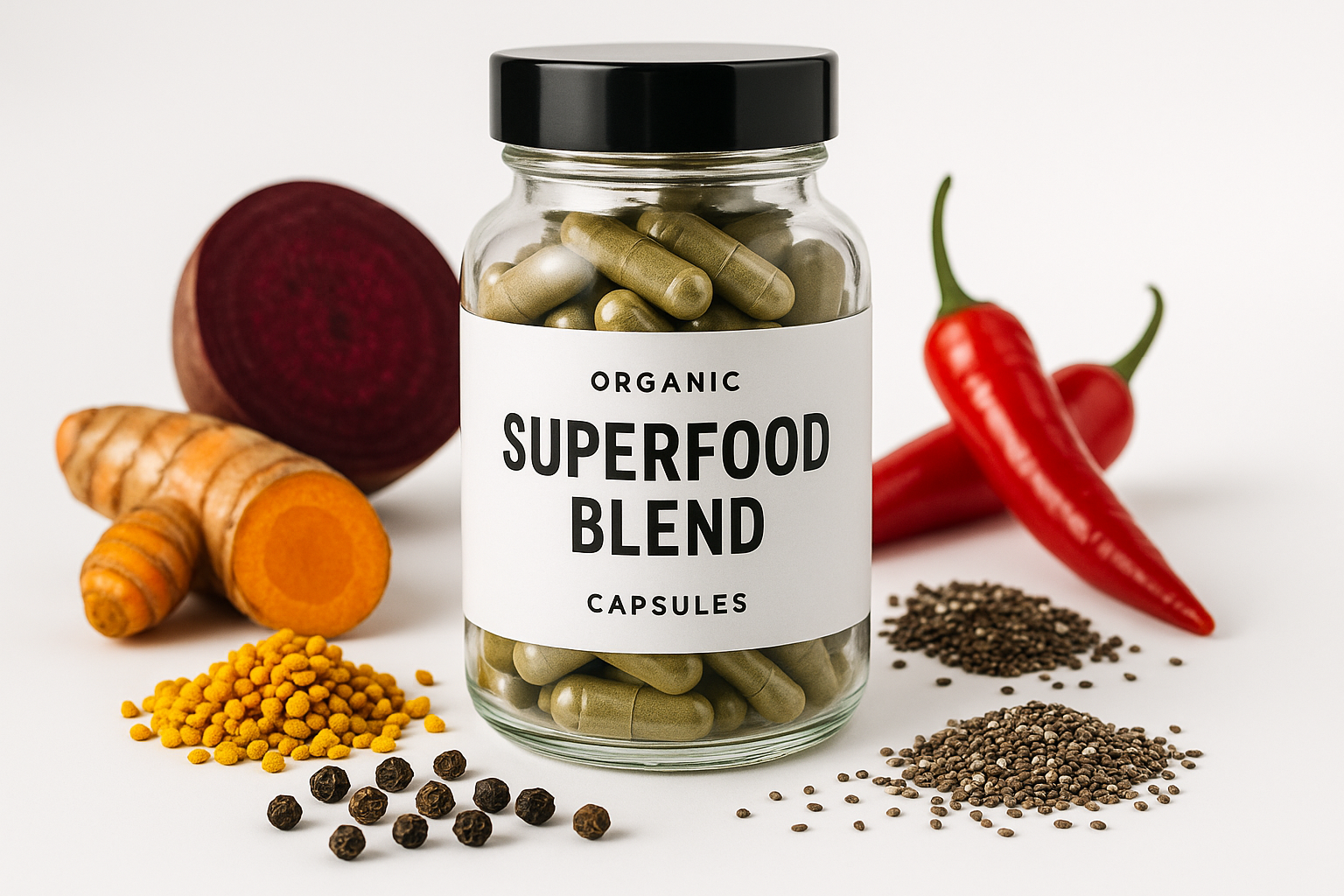 Professional product shot with all superfood ingredients
