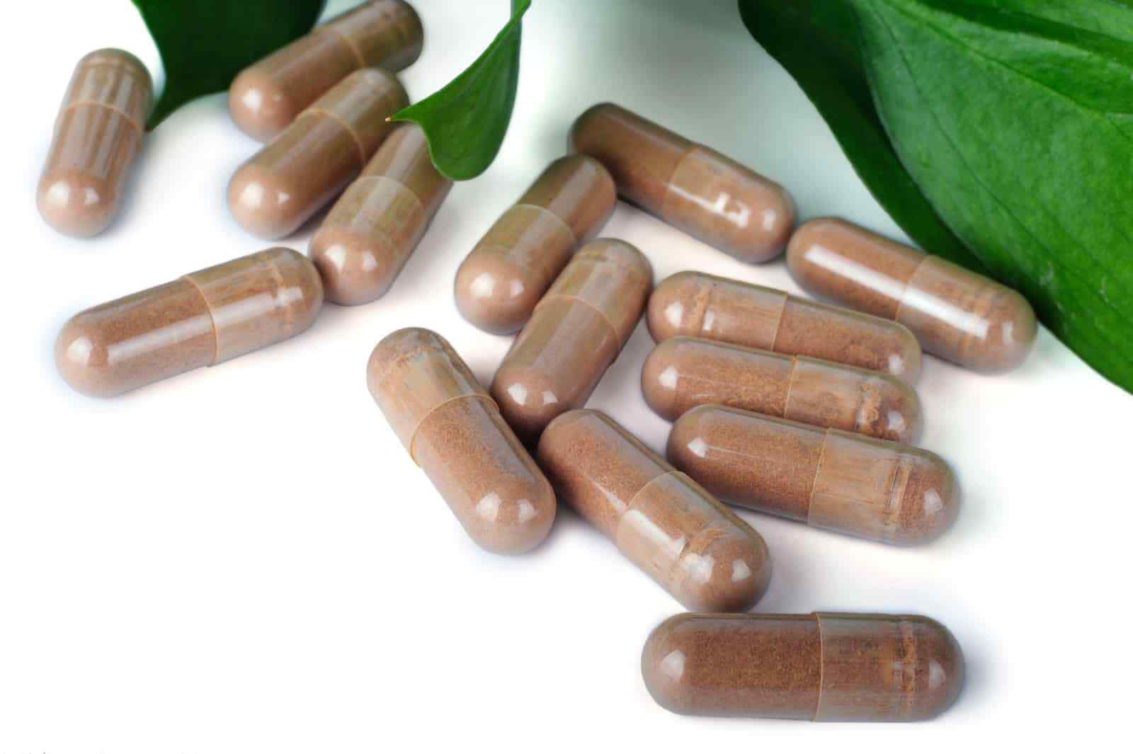 Brown capsules on a white surface with green leaves in the background