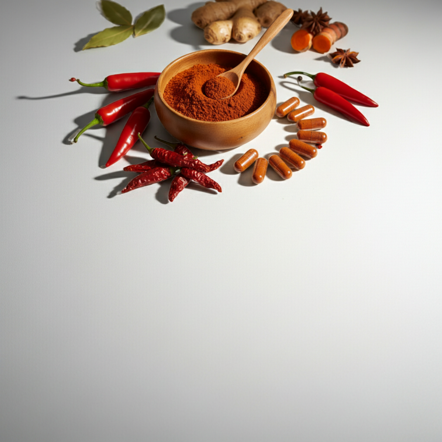 Spice bowl with red chili peppers and ginger on a light gray background