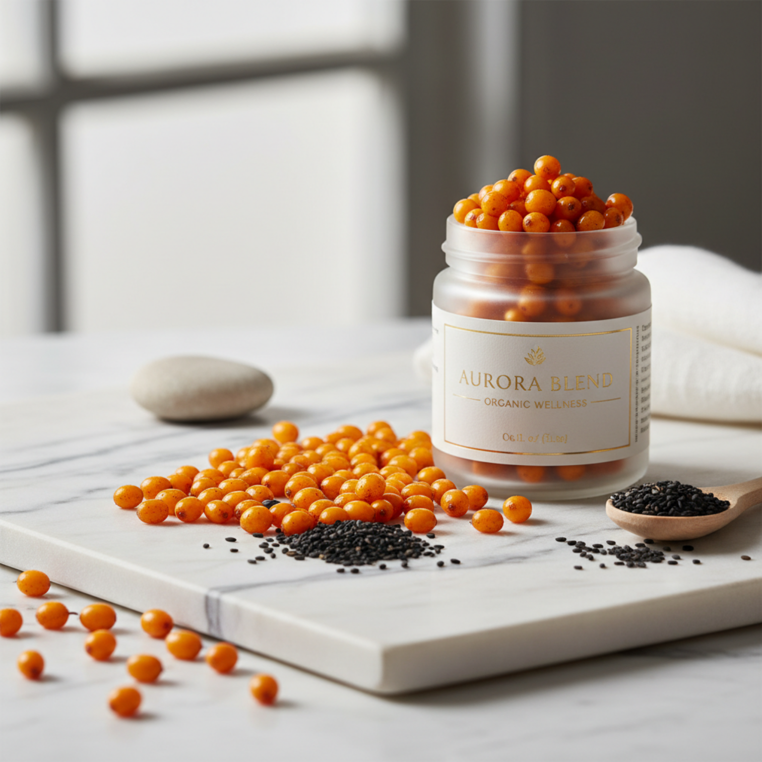 Sea Buckthorn & Black Sesame - Marble Surface