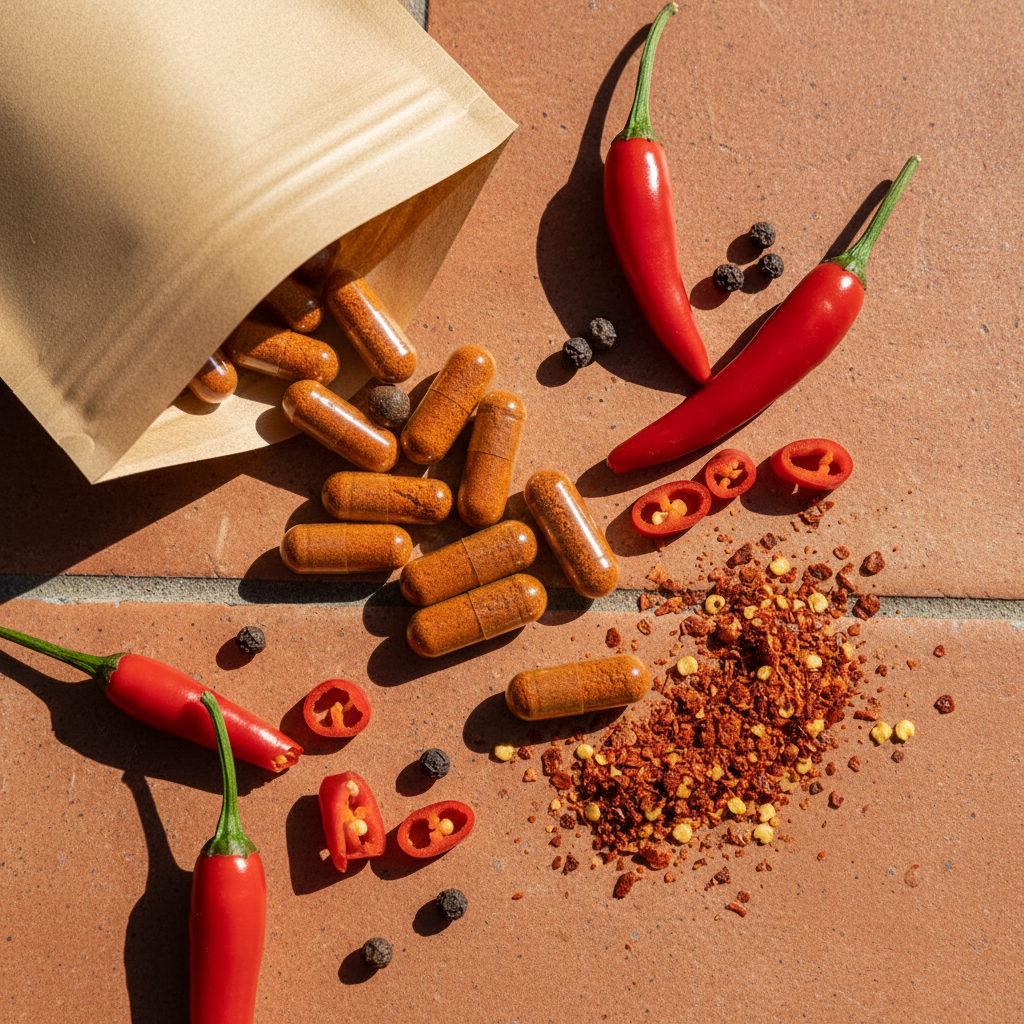 Spices including capsules, red peppers, and ground spice on a brown surface