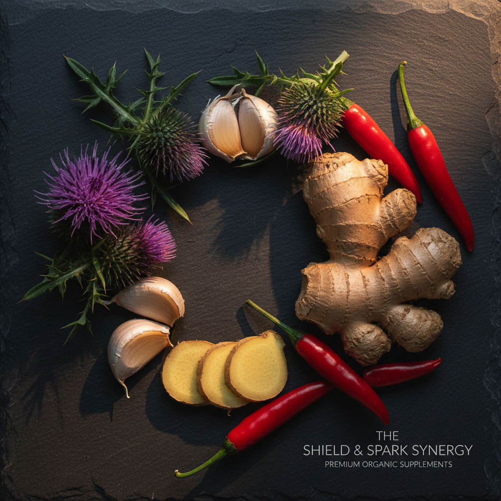 Spices and herbs arranged on a dark surface with 'The Shield & Spark Synergy' branding.