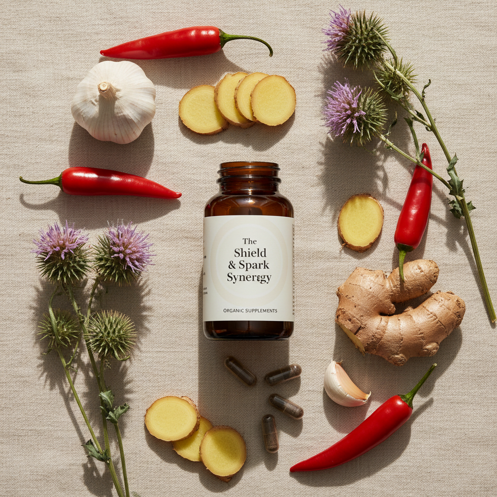 Supplement bottle labeled 'The Shield & Spark Synergy' surrounded by ginger, garlic, red peppers, and herbs on a beige surface.
