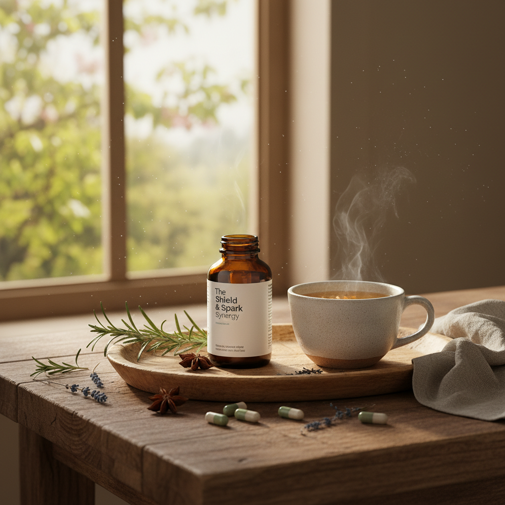 Bottle of 'The Shield & Spark' supplement on a wooden table with a steaming cup of tea and herbs.