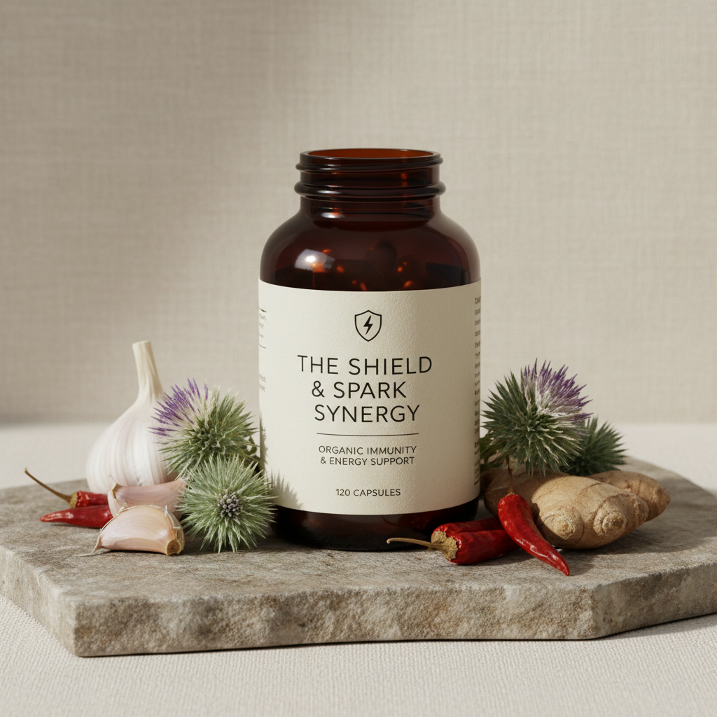 Brown supplement bottle labeled 'The Shield & Spark Synergy' on a stone surface with natural elements.