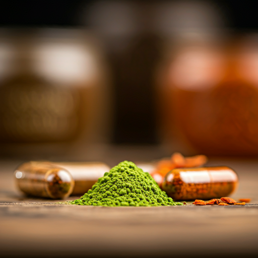 A pile of green matcha powder with capsules and cacao powder in the background, indicating the natural ingredients of the supplement.